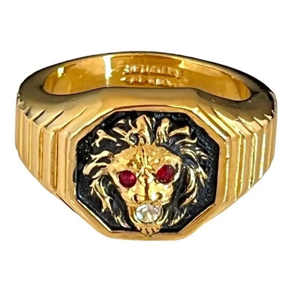 Vintage 1970s Ring Size 12 Clark Coombs Lions Head Crystal Eyes Gold Plate - 14P